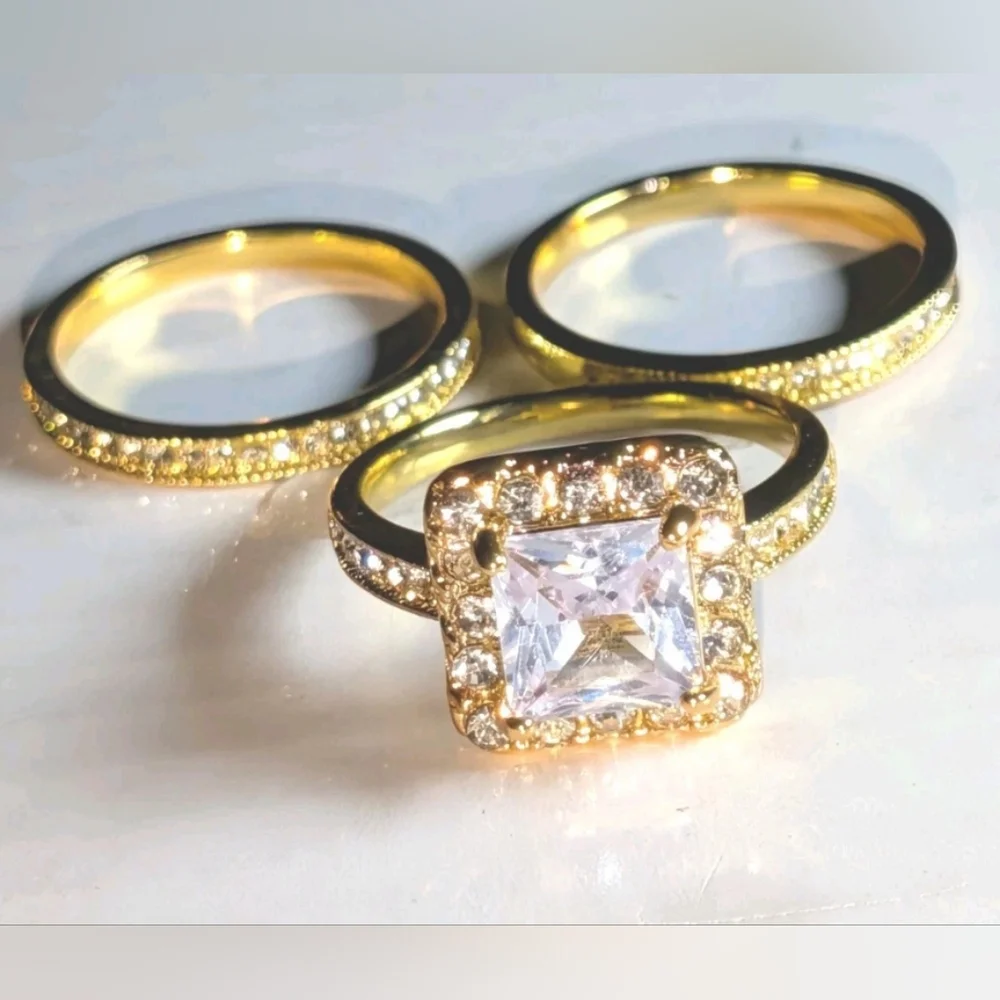 Women's 5 Ct Princess Cut Lab-Created Diamond Halo Trio Wedding Ring Set Sz 9